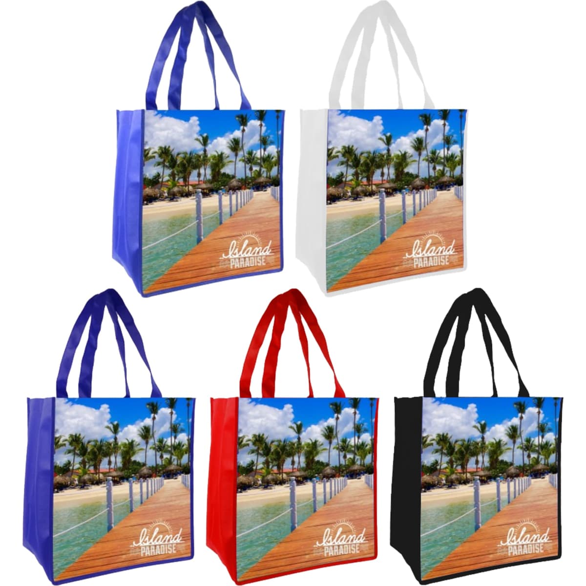 A collection of tote bags in blue, white, red, black, and purple, featuring a tropical beach scene with a boardwalk.