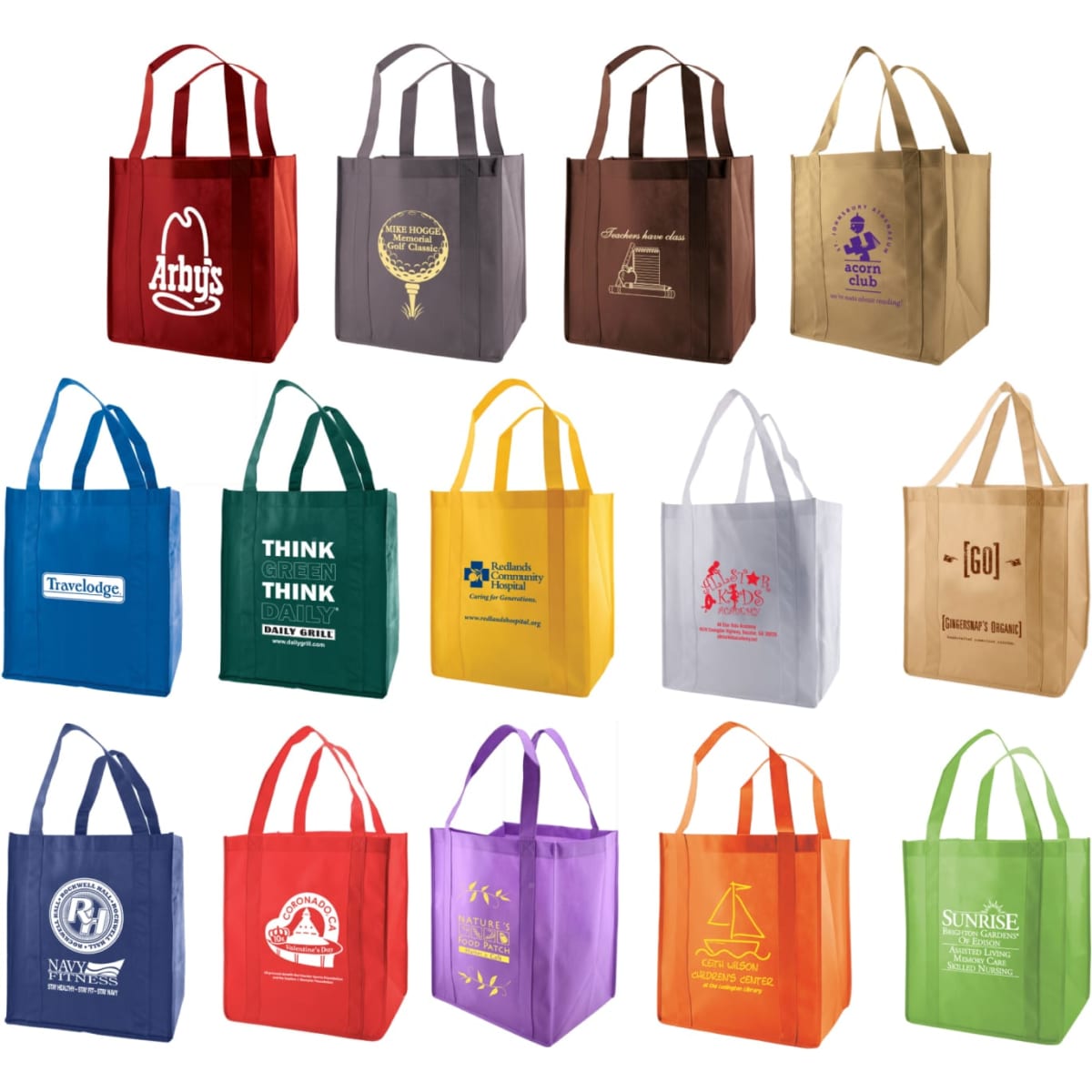 A collection of extra-large non-woven reusable grocery bags in various colours, featuring different logos.