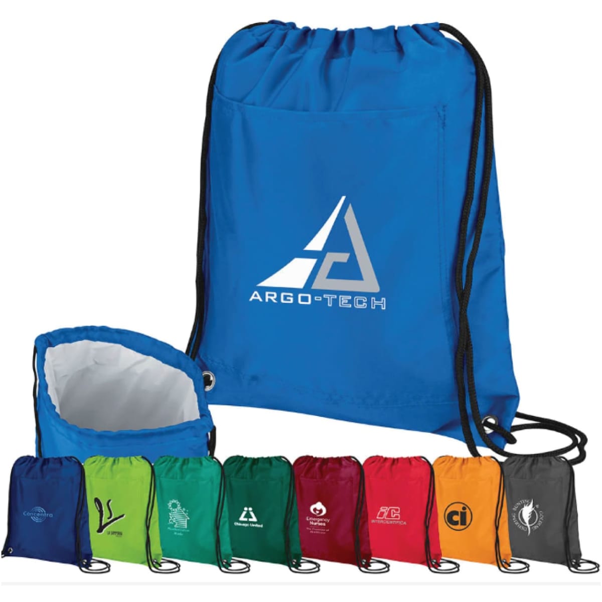 A blue drawstring cooler pack with a logo, alongside various other coloured cooler bags in green, red, black, and more.
