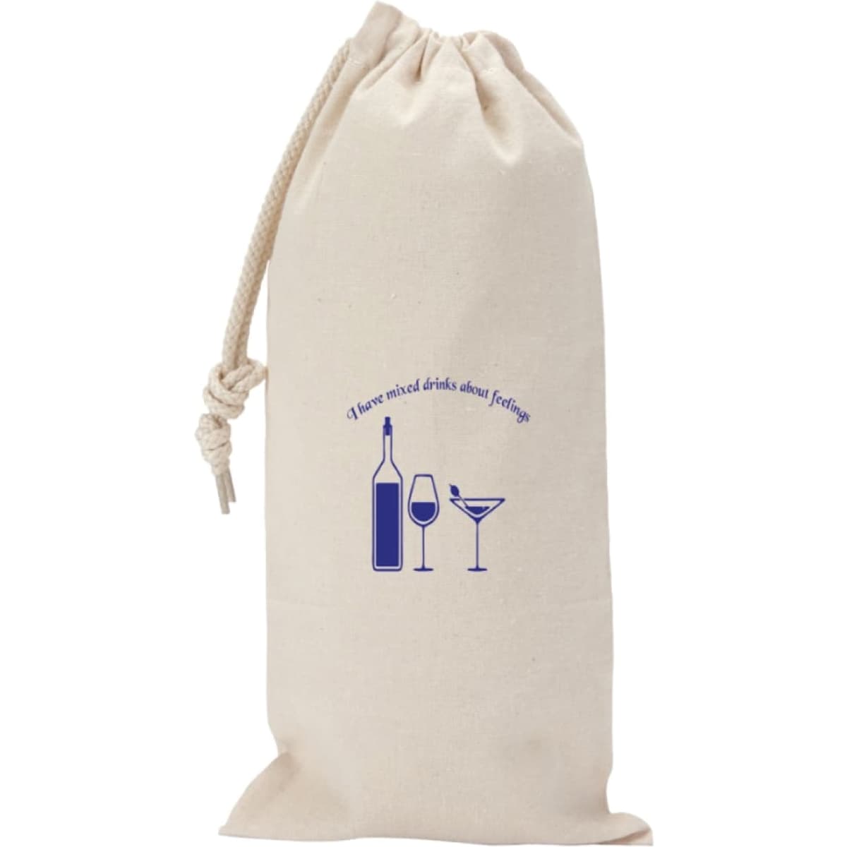 A canvas drawstring wine gift bag in natural colour with a logo featuring wine bottles and glasses.