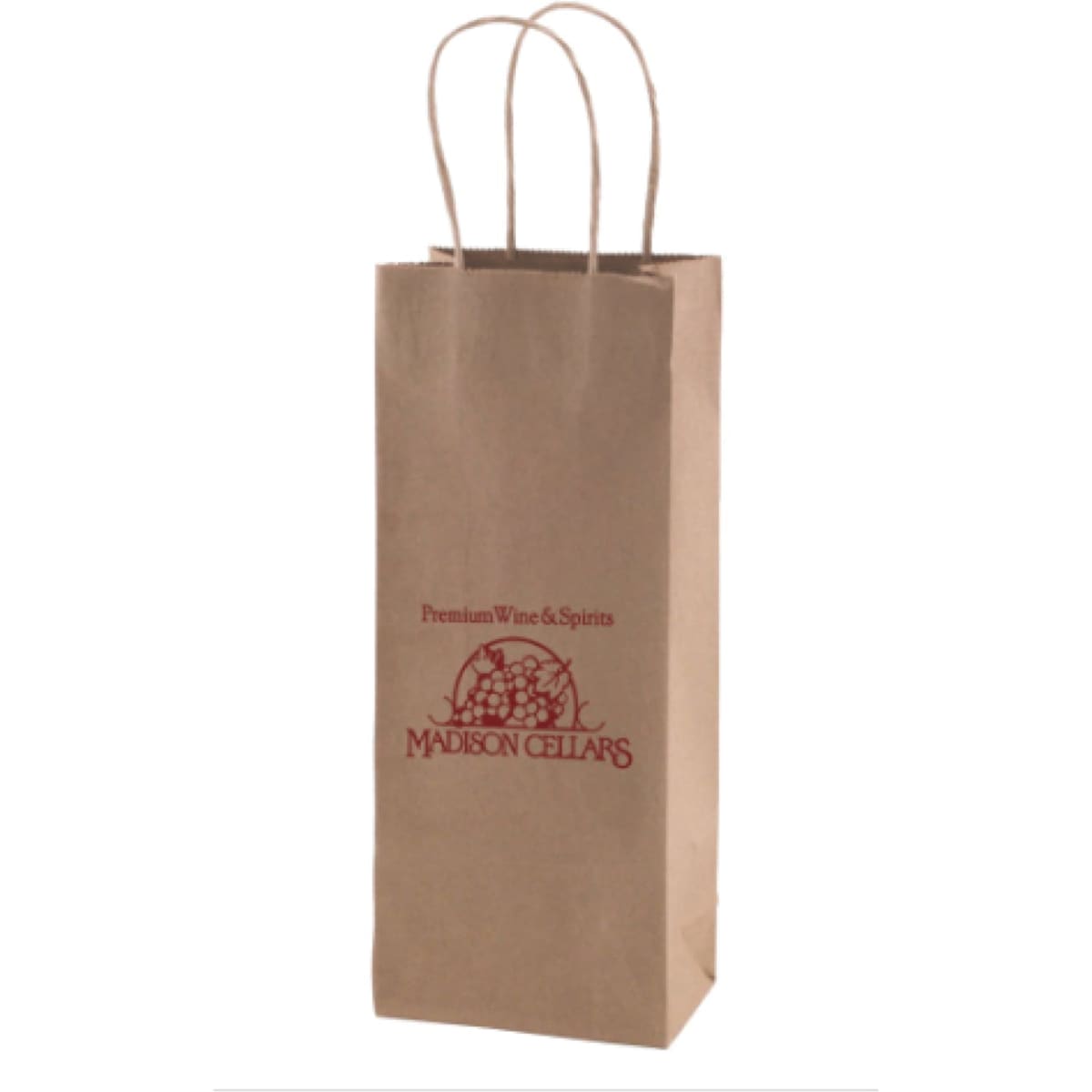 A natural kraft shopping bag with handles, featuring a logo in red, suitable for various items.