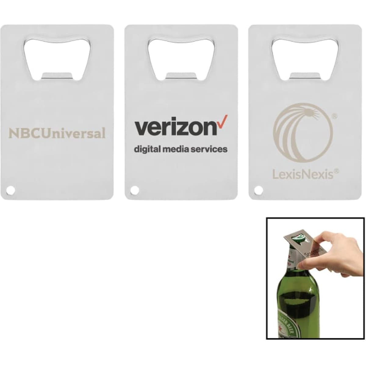 A drink bottle opener resembling a credit card, featuring a sleek silver design and various logos.