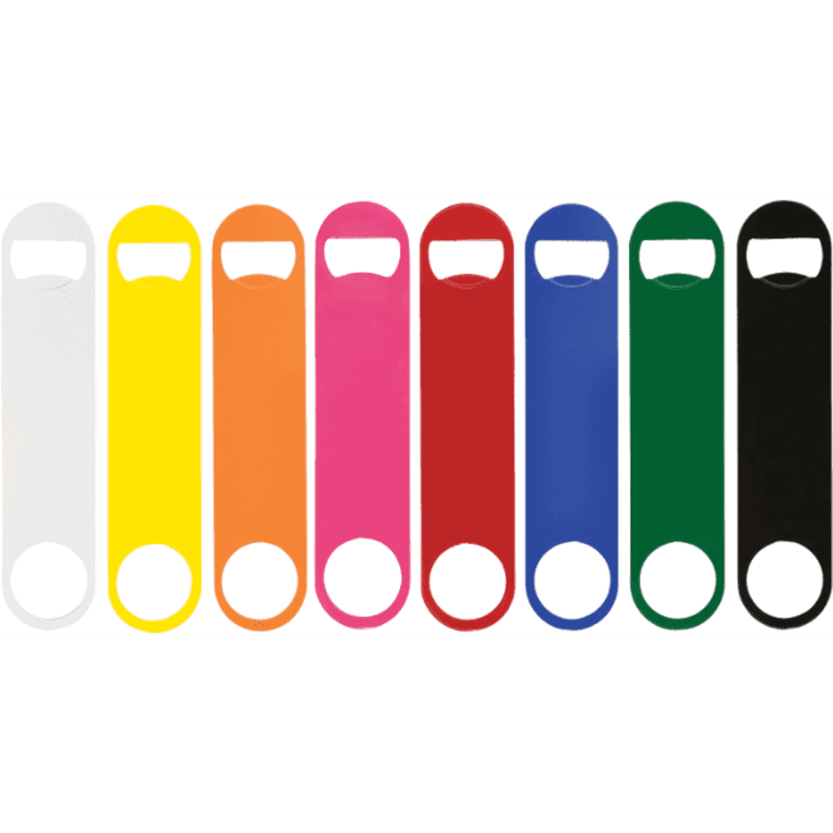 A drink bottle opener in various colours including white, yellow, orange, pink, red, blue, green, and black, with a logo.