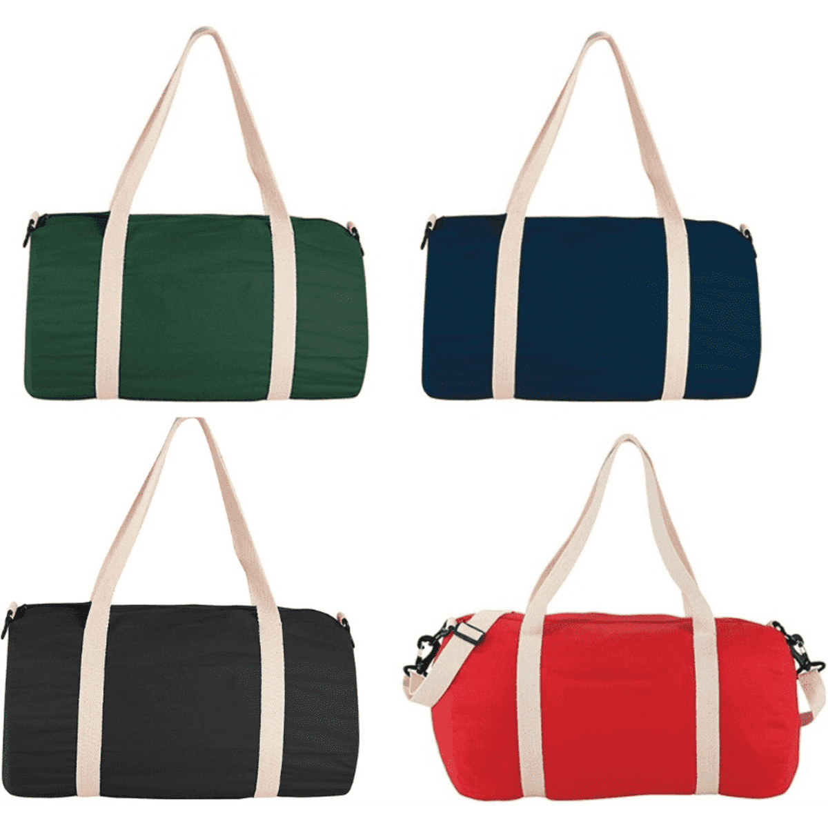 Four duffel bags in green, navy, black, and red, featuring beige straps and a logo on each bag.