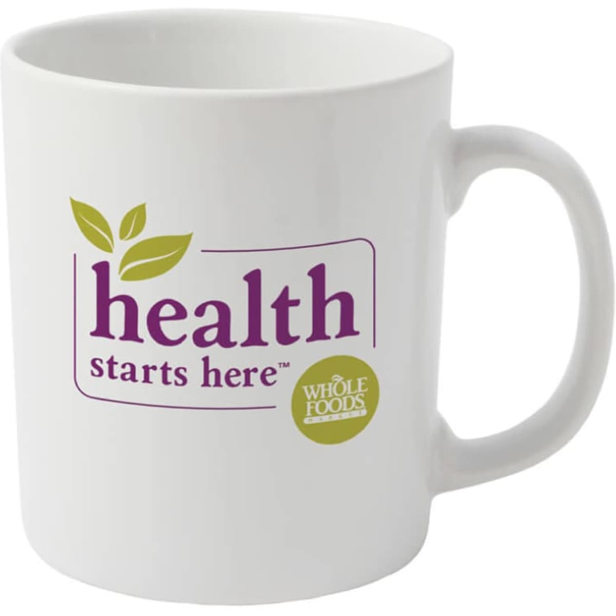 A plain white ceramic mug with a handle featuring a logo and green leaves design.