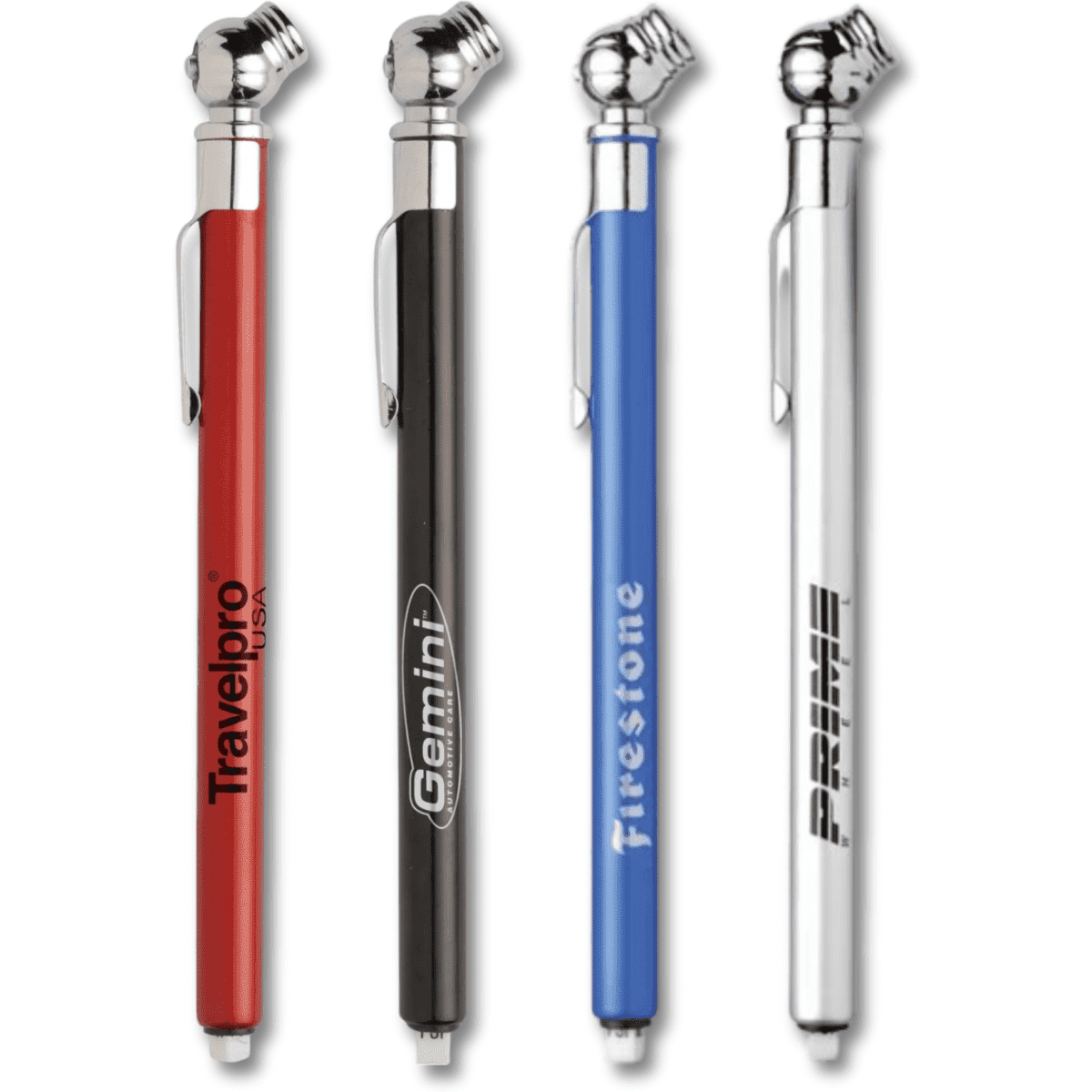 A set of four tyre gauges in red, black, blue, and silver, each featuring a logo.