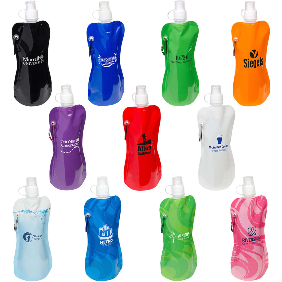 A drink bottle collection featuring various colours, each with a unique design and a carabiner attachment.