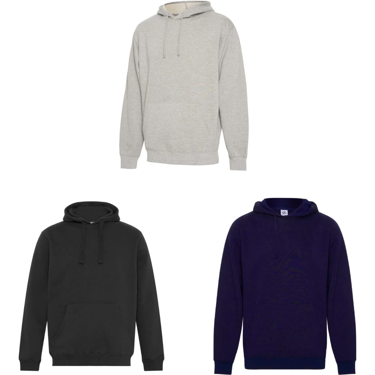 A collection of three hoodies in grey, black, and navy blue, featuring a front pocket and a hood, with a logo on one.