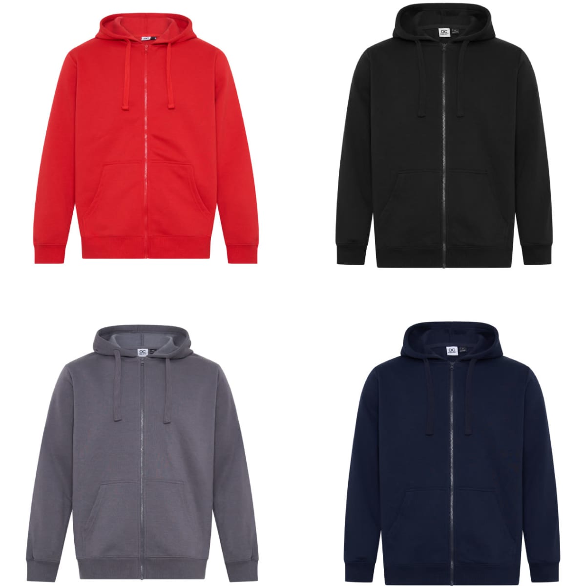 A set of four Celtic Full-Zip Hoodies in red, black, grey, and navy, each featuring a hood and front pockets.