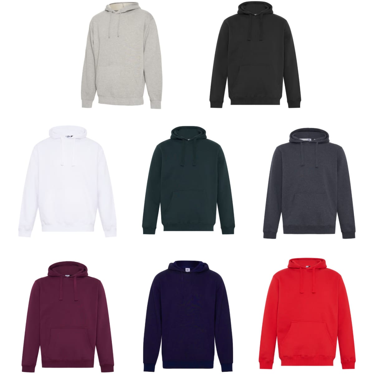 A collection of Clipper Hoodies in various colours: grey, black, white, green, dark grey, burgundy, navy, and red, featuring hoods.