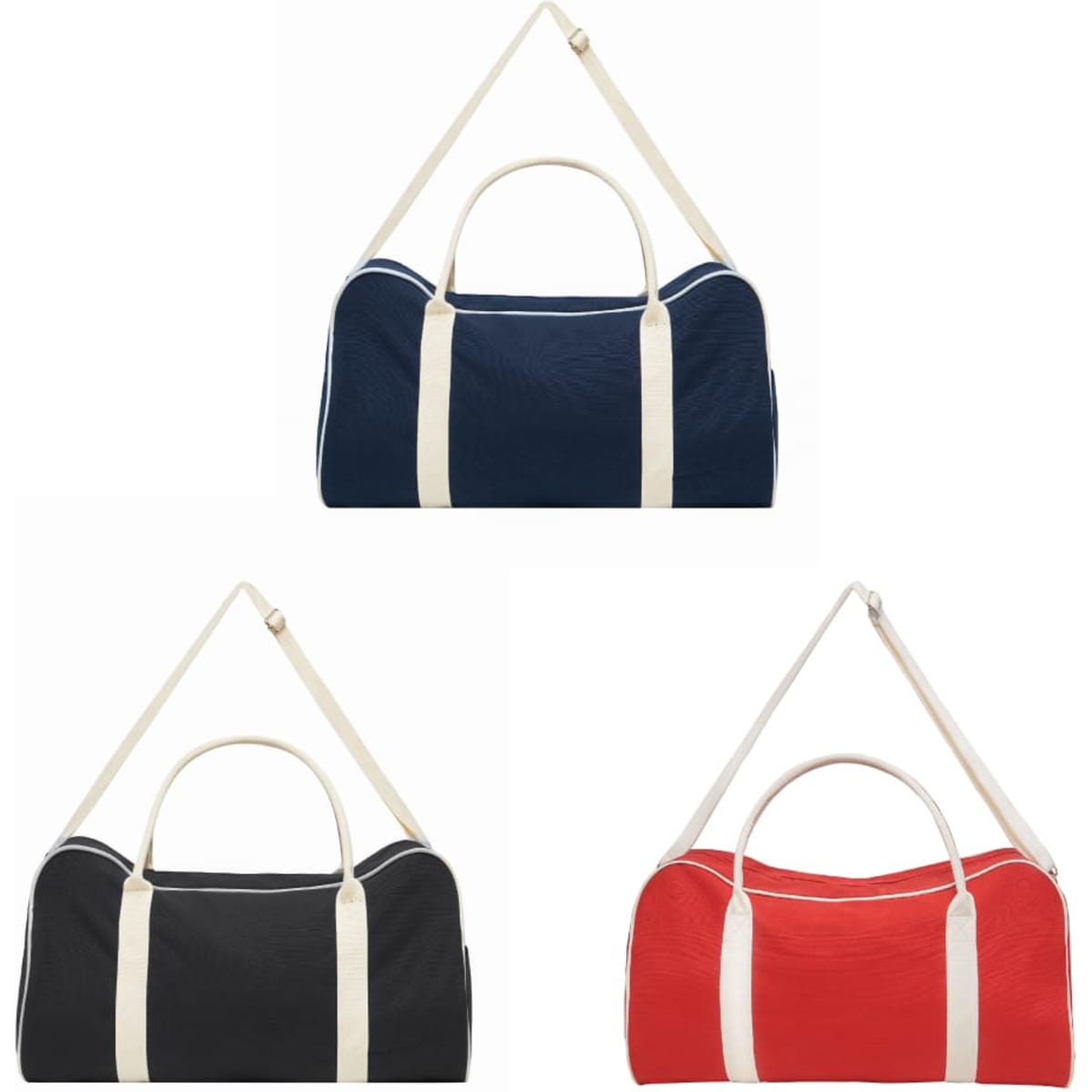 A canvas duffle bag available in navy, black, and red, featuring a light-coloured strap and branding.