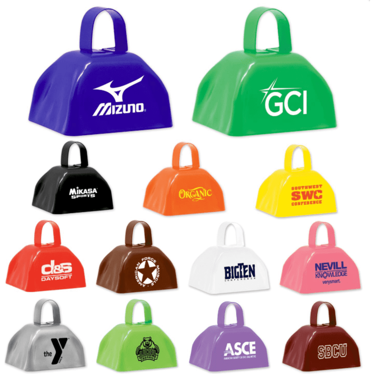 A variety of brightly coloured cowbells in different shapes with attached handles, featuring multiple logos.