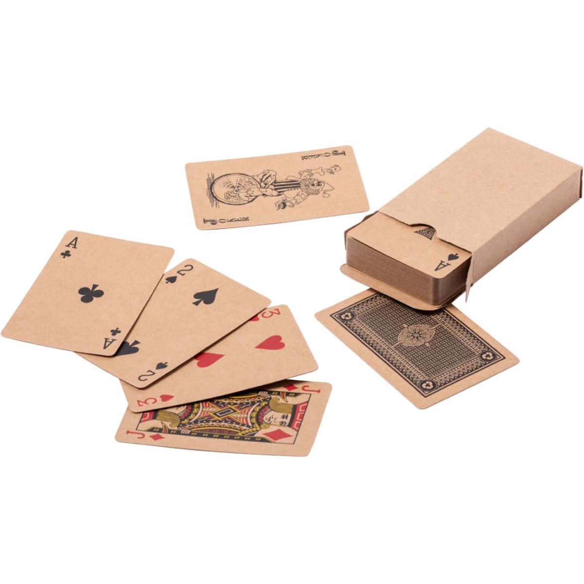 Recycled paper playing cards in a kraft cardboard box, featuring various designs including aces and playing figures.