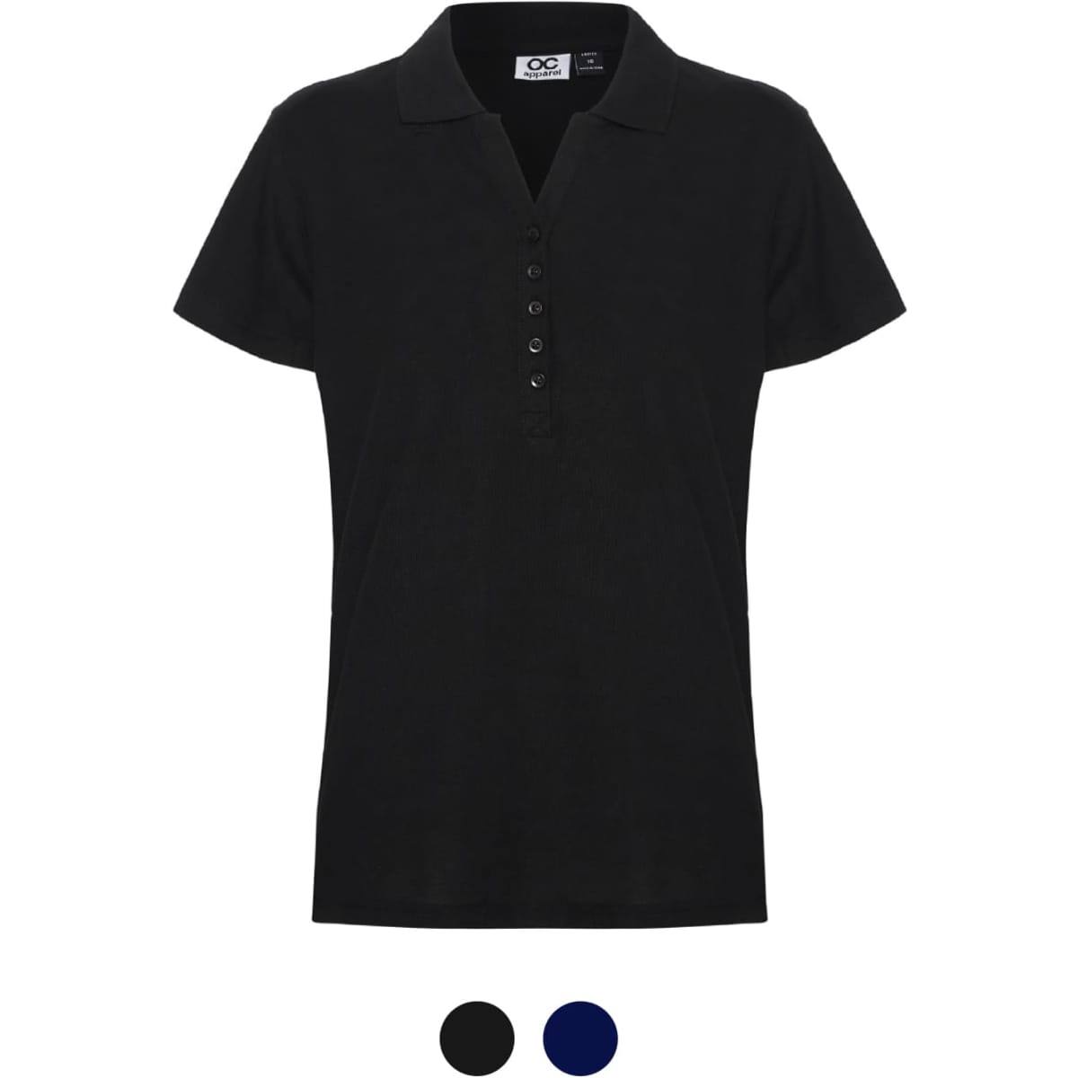 A women's polo shirt in black, featuring a button-up front and a branded label. Available in additional colours.