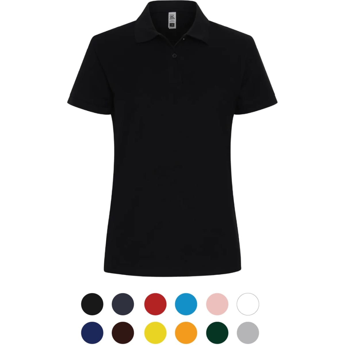A black women's polo shirt with a collar, featuring a logo and available in various colours.