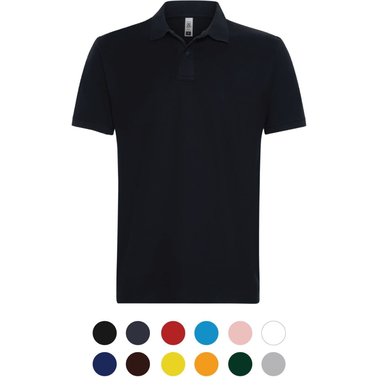 A black polo shirt with a collar, featuring a logo. Available in various colours below.