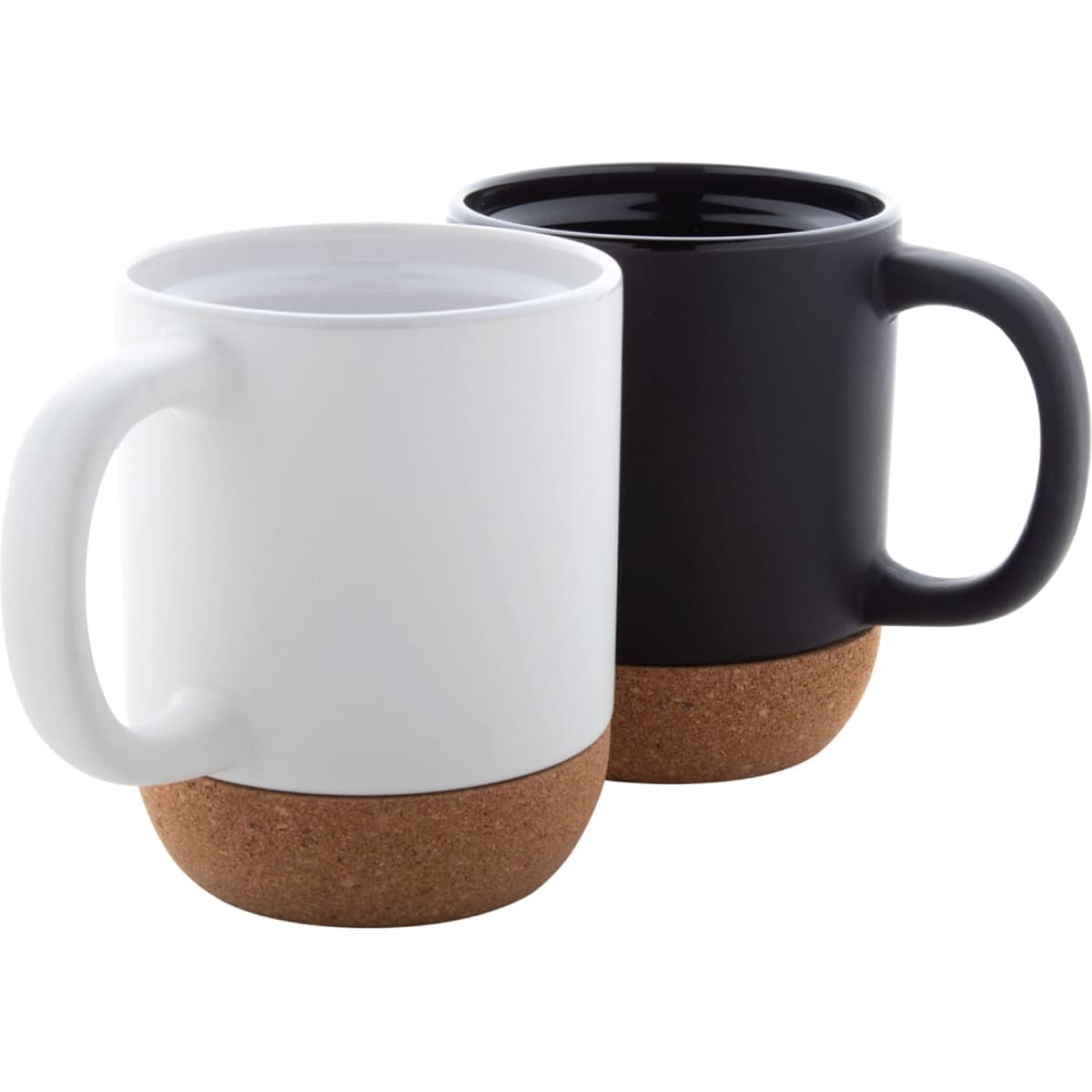 A pair of classic mugs in white and black, each featuring a cork base. Both have handles and a sleek design.