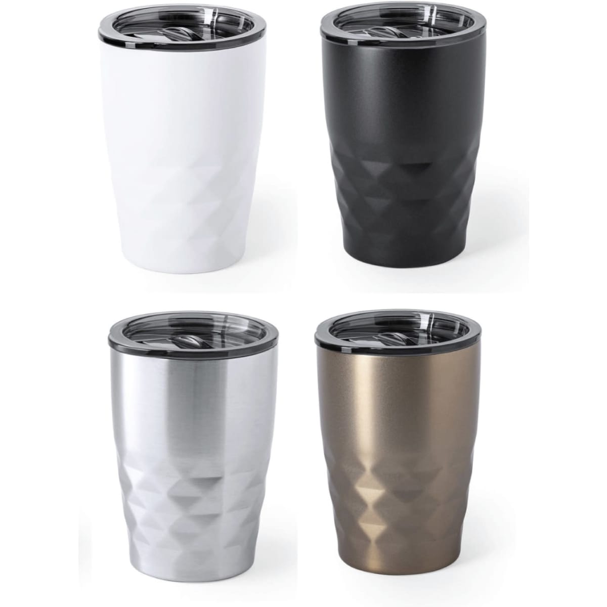 A collection of four insulated travel mugs in white, black, silver, and bronze, each with a diamond cut design and lid.