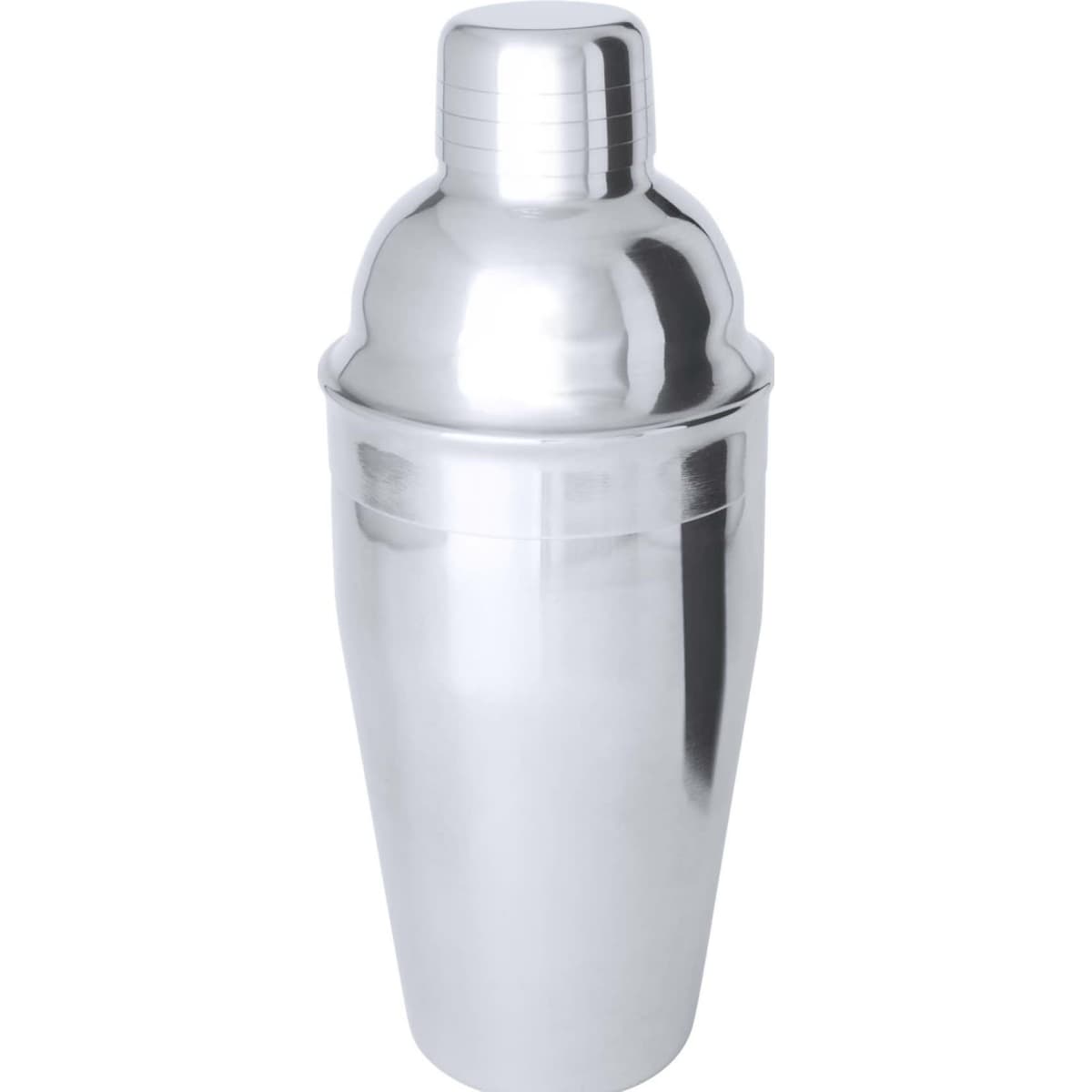 A stainless steel cocktail shaker with a smooth, shiny finish and a classic design. Features a logo.