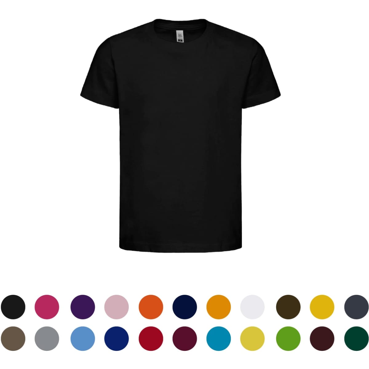 A black kids' t-shirt with a crew neck, featuring a range of colour options below. Includes a logo.