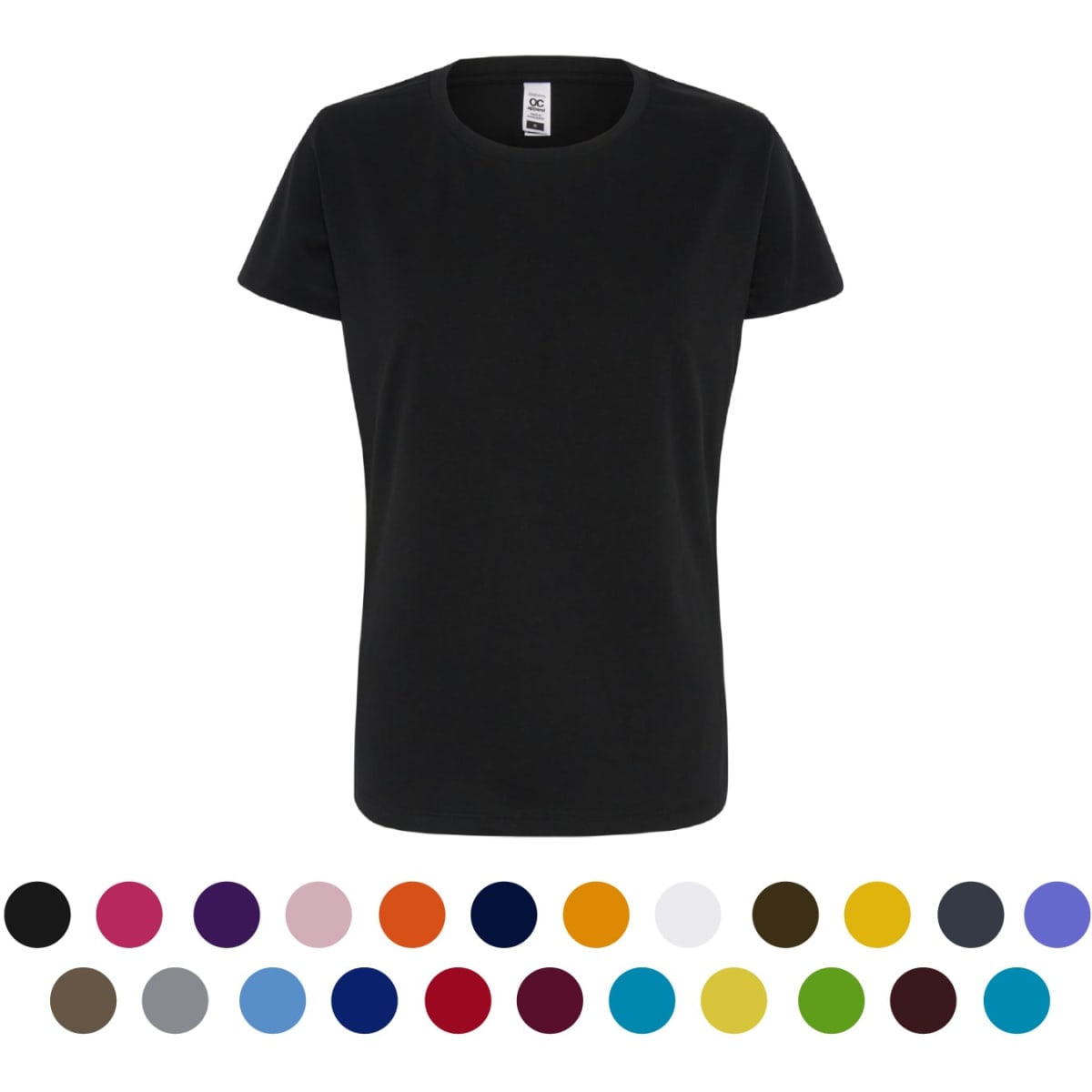 A black women's essential tee is displayed, with a variety of colour options arranged below it. The product features a branding logo.