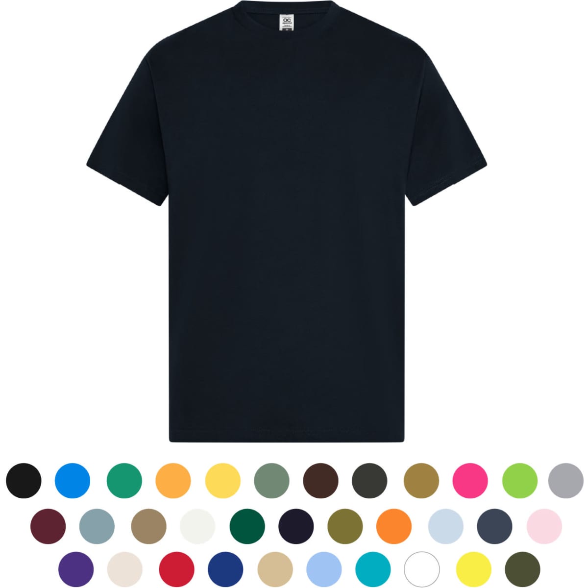 A black t-shirt displayed on a plain background, with a variety of colour options shown below.
