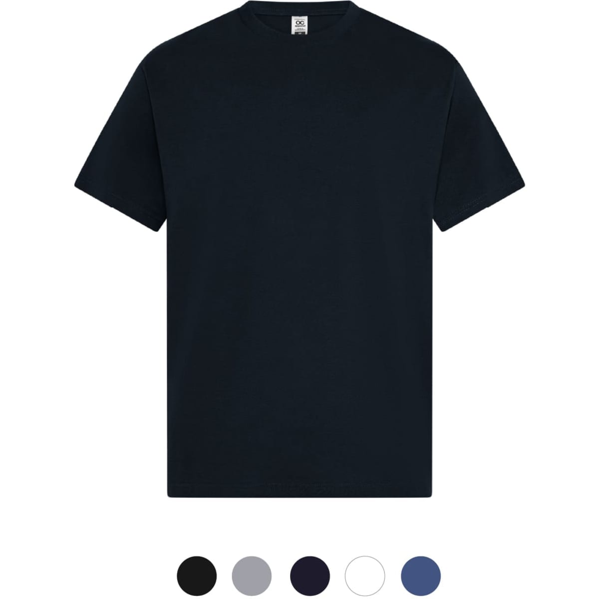 A black t-shirt with a classic crew neck design. Available in multiple colours with a logo on the label.