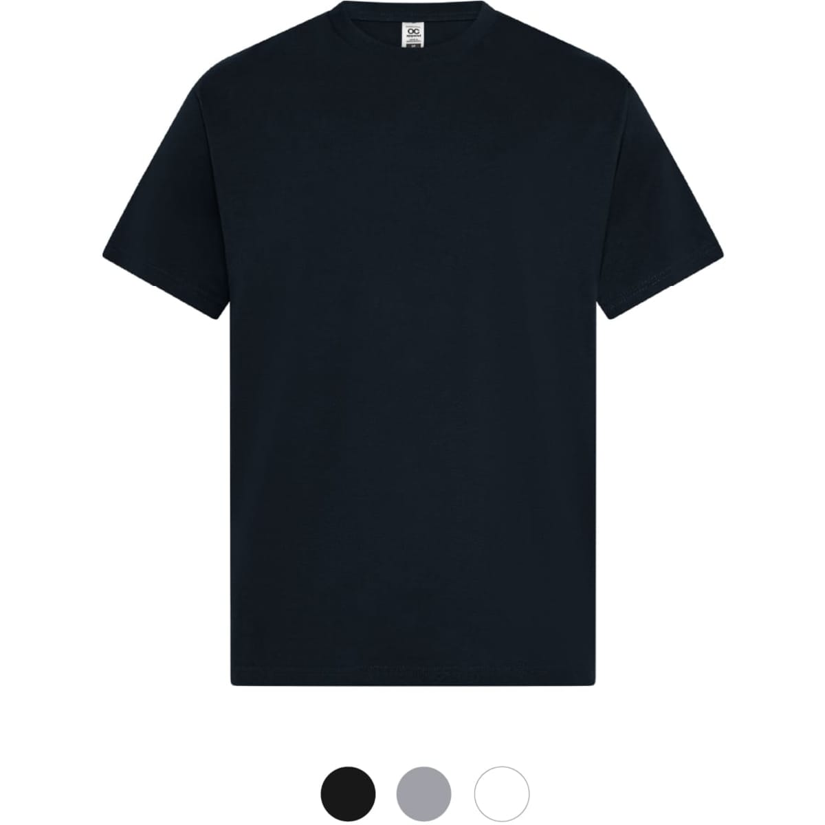 A black men's t-shirt displayed on a blank background. The shirt features a logo and is available in additional colours.