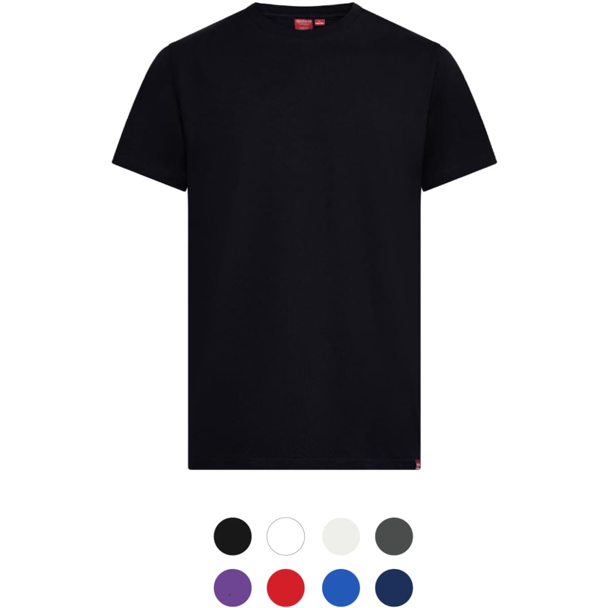 A black Redland Cotton Tee displayed with a variety of colour options below, including white, grey, red, purple, and blue.