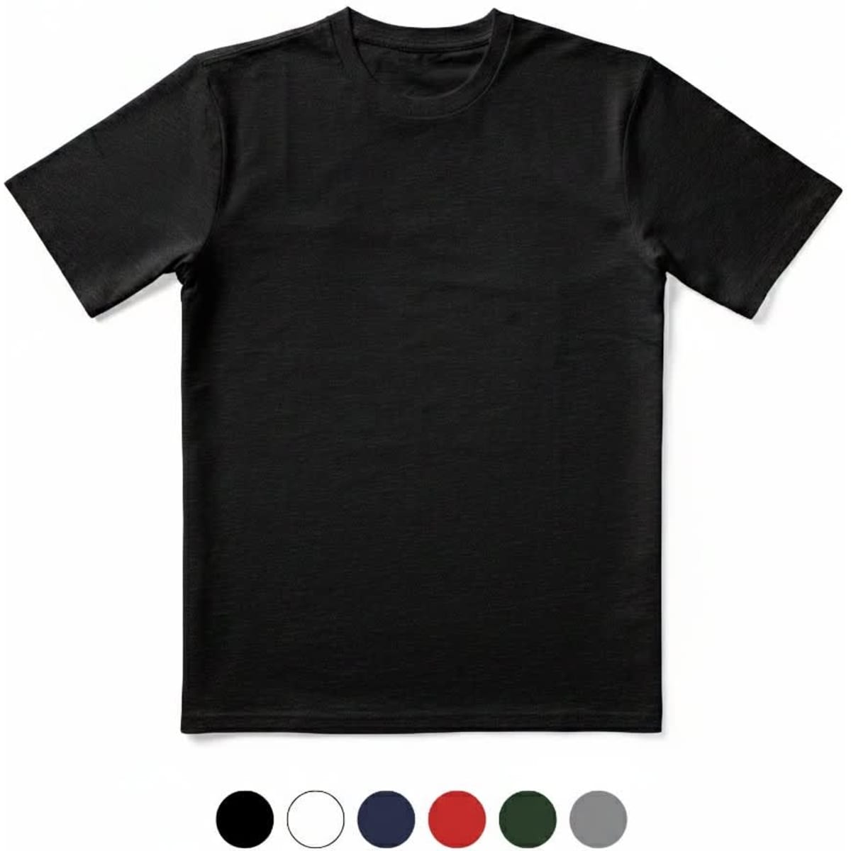A black short-sleeved T-shirt with a round neckline featuring a logo. Available in multiple colours below.