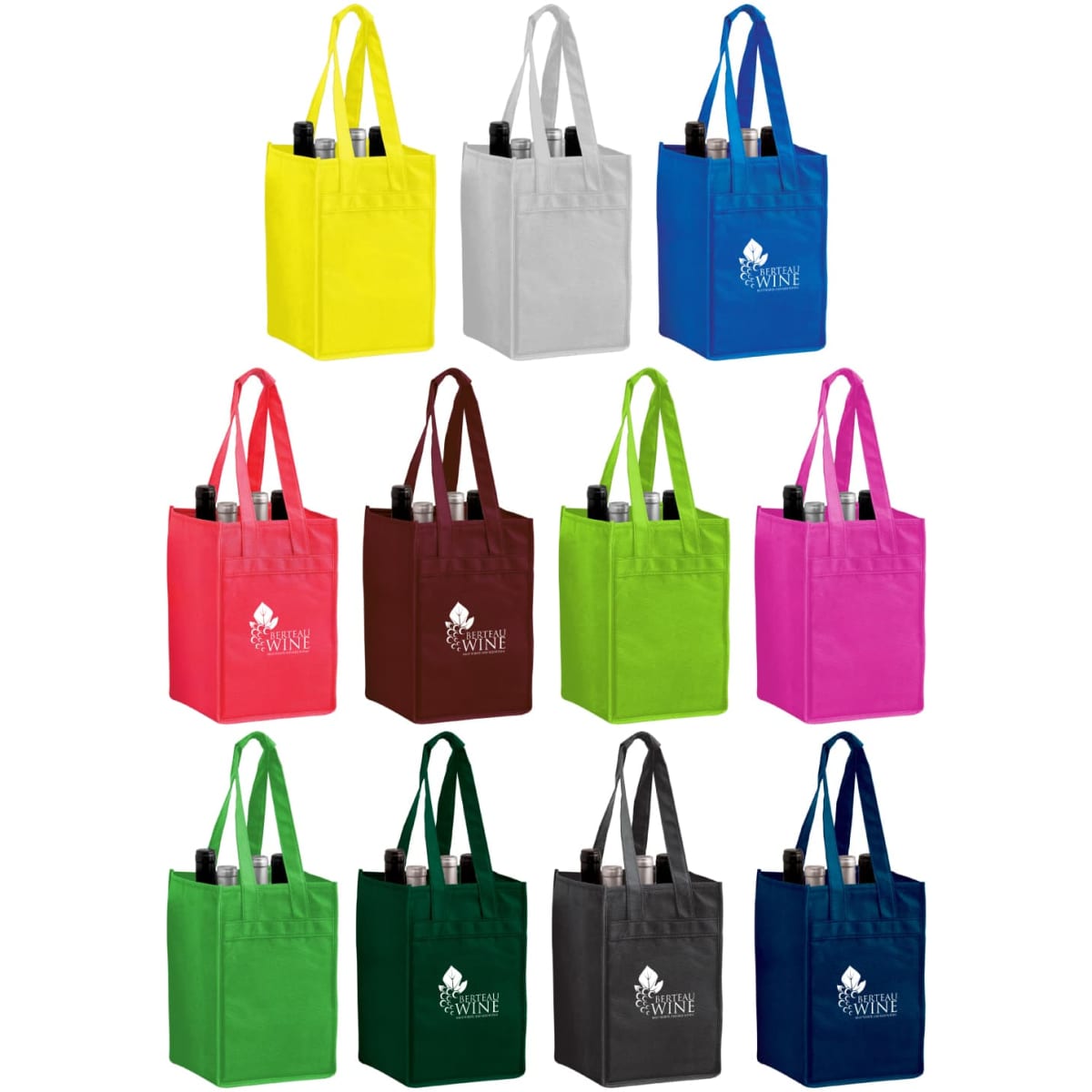 A non-woven polypropylene tote bag designed to hold four wine bottles, available in various colours with a logo.
