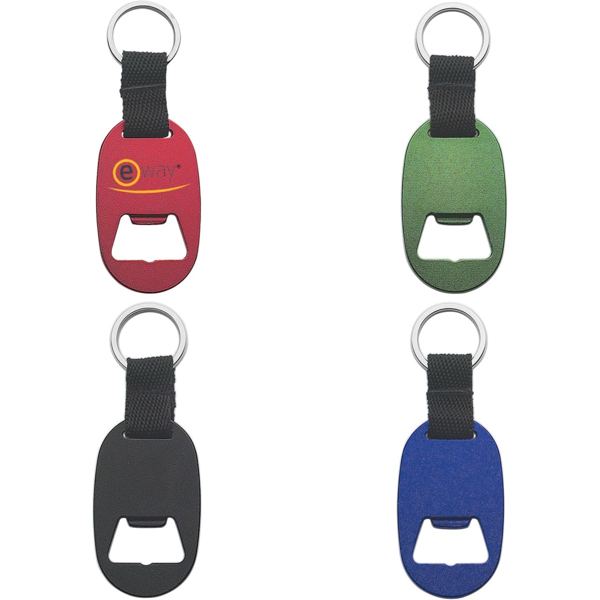 A drink bottle opener keyring in red, green, black, and blue, featuring a circular keyring and a logo.