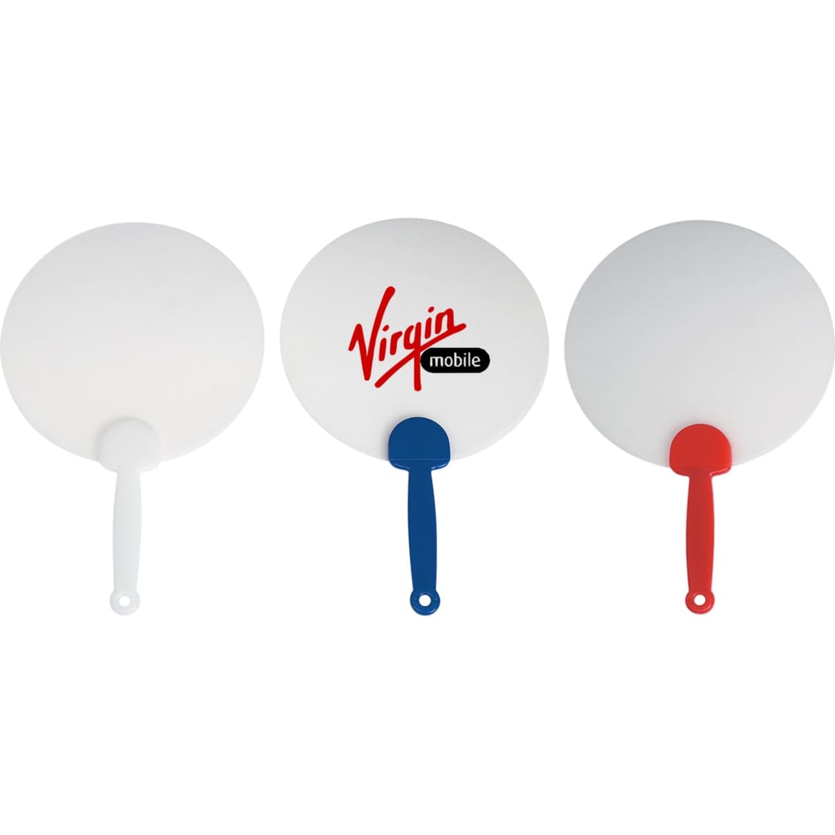 Three plastic hand fans in white, blue, and red, featuring a logo on one of them.