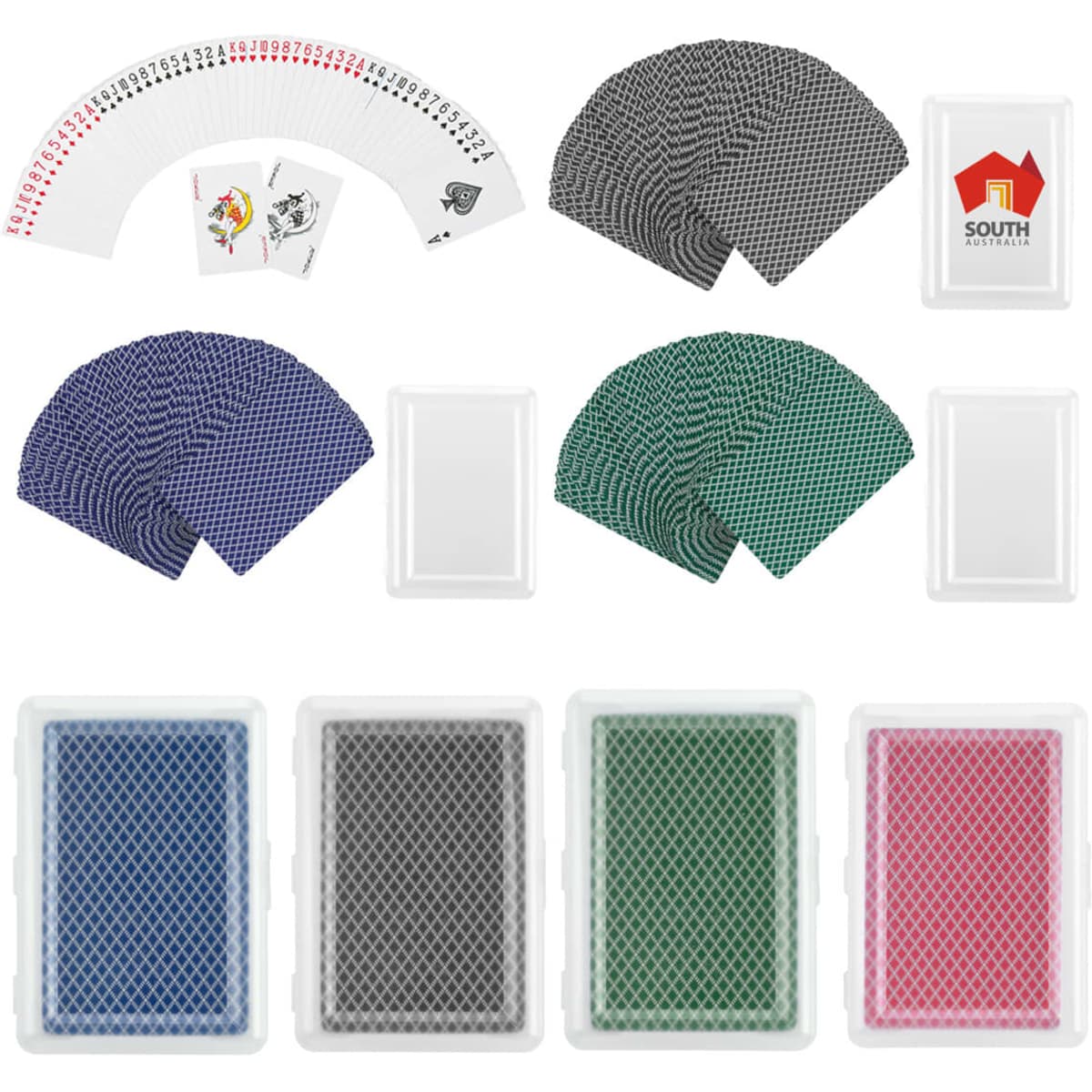 A set of playing cards in a case, featuring two colour options: red, green, and blue, along with a transparent storage case.