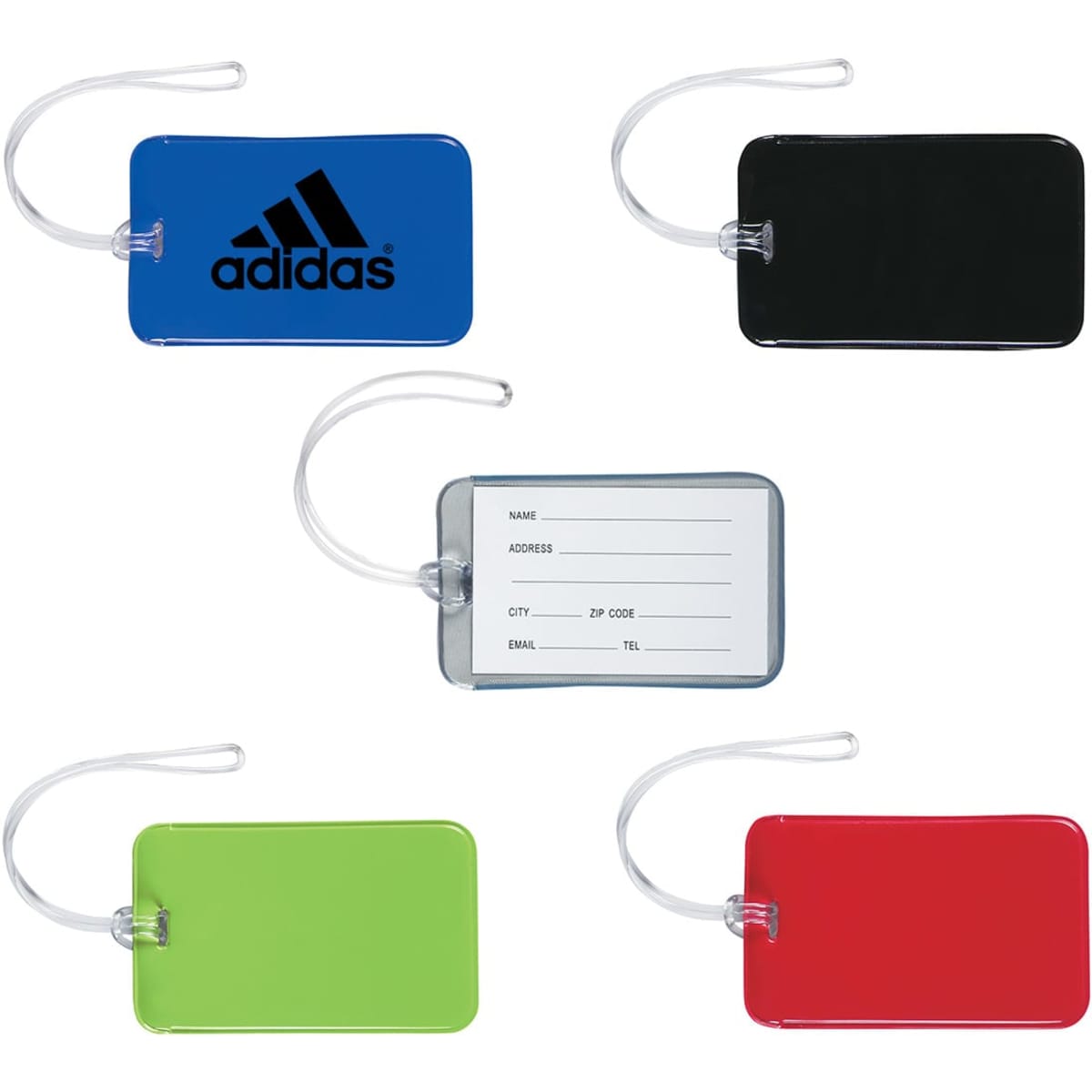 Five luggage tags in various colours: blue, black, green, red, and clear, featuring a logo and contact details section.