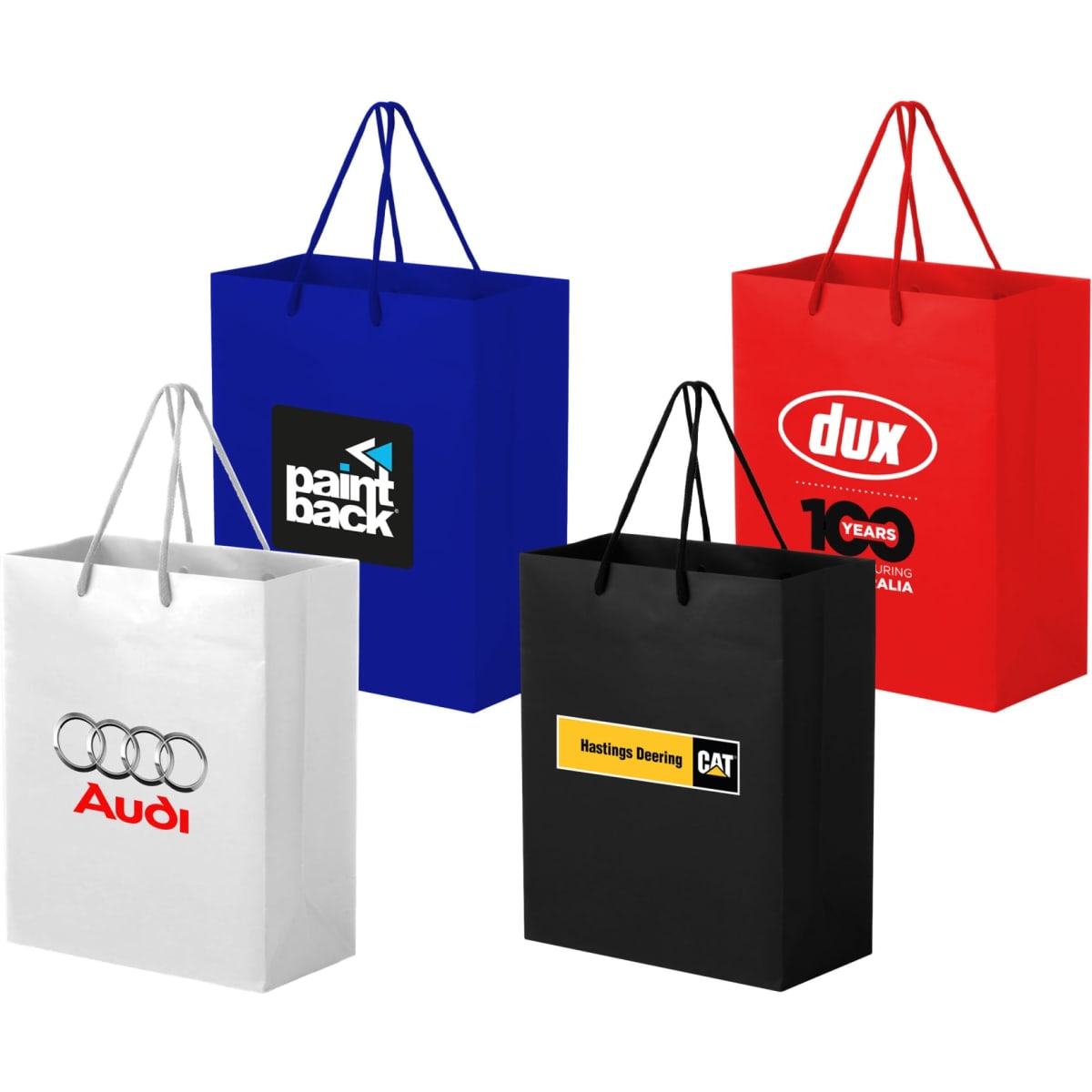 Large full coloured laminated bags in blue, red, white, and black with handles and various logos.