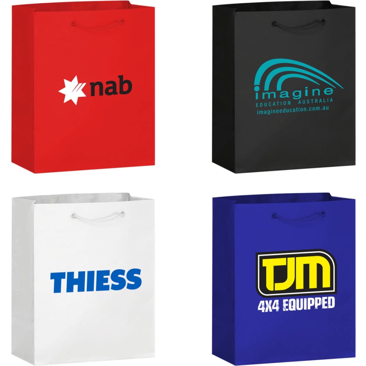 Medium full-coloured laminated bags in red, black, white, and blue, featuring various logos and branding.
