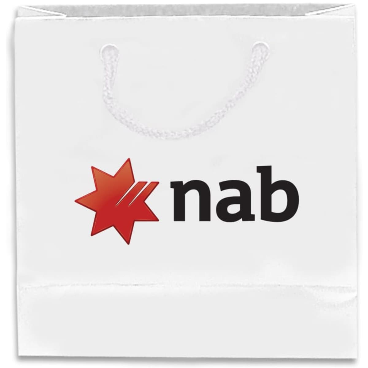 A small white laminated bag with a handle, featuring a logo in black and red.