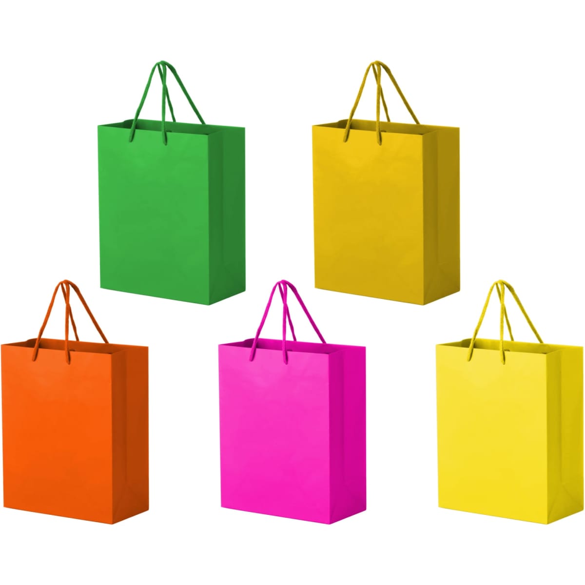 Five extra large laminated bags in vibrant green, yellow, orange, pink, and light yellow, each with matching handles.