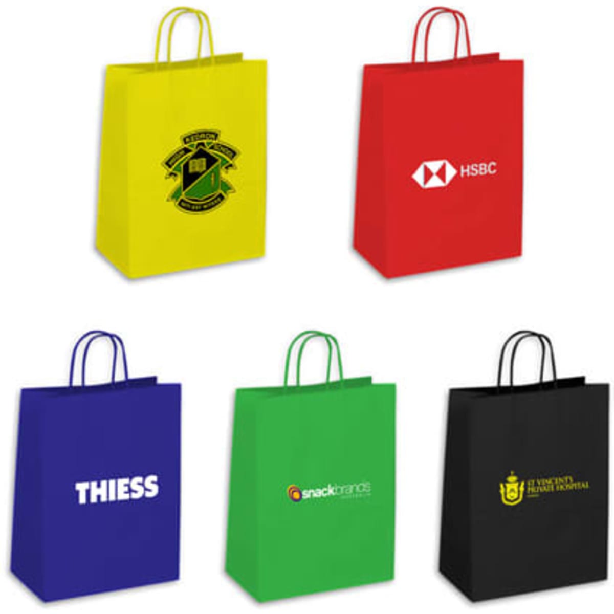 Large coloured kraft paper bags in yellow, red, blue, green, and black, featuring various logos.
