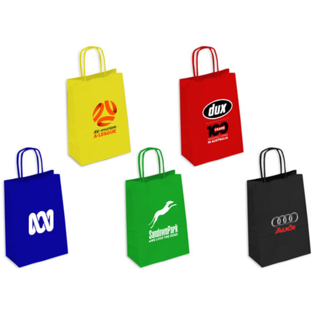 A collection of small coloured kraft paper bags in red, yellow, blue, green, and black, featuring various logos.