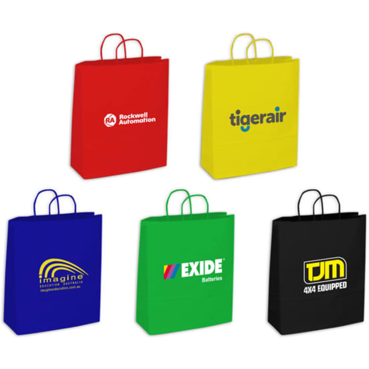 A collection of medium paper bags in red, yellow, blue, and black, each featuring branding logos.