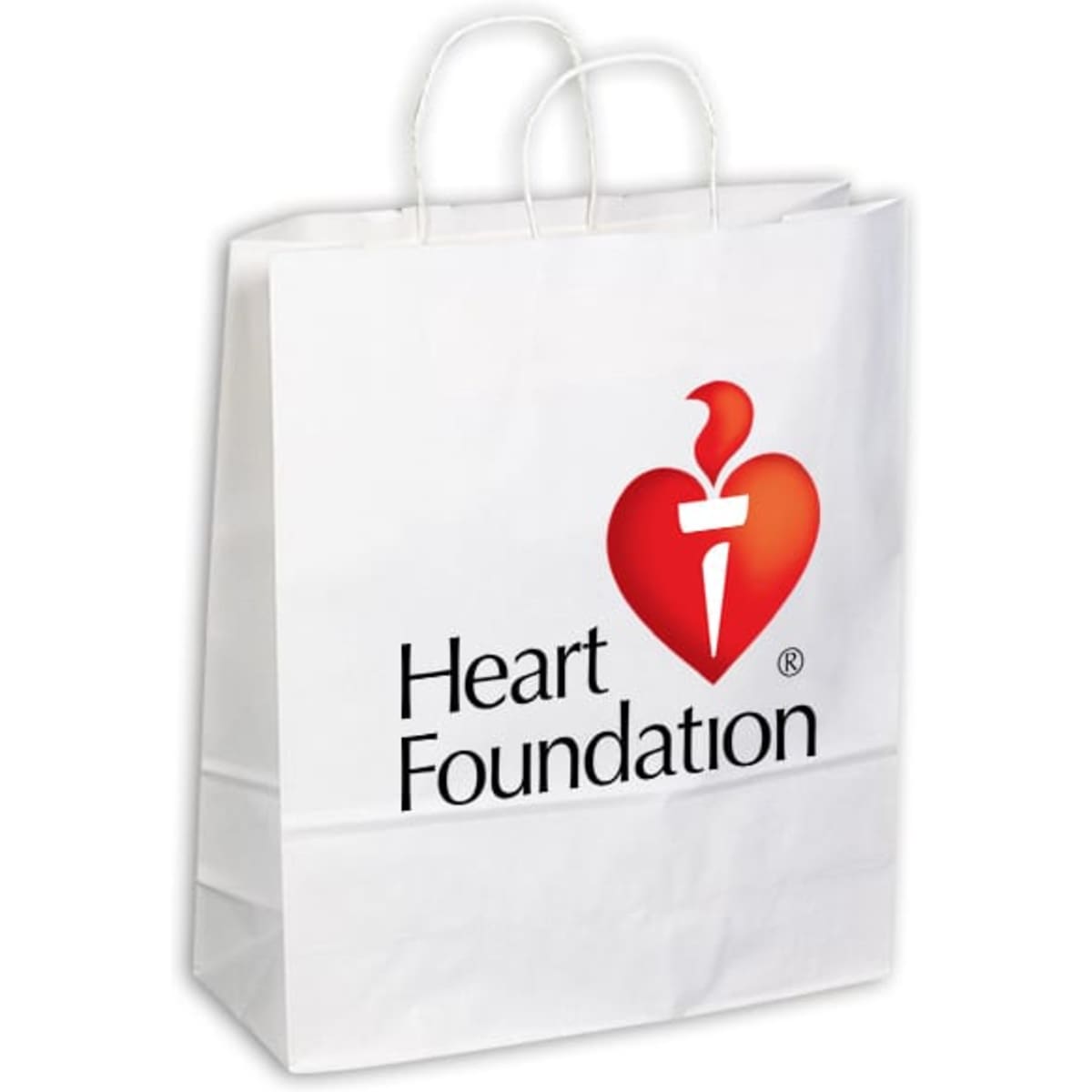 A white extra-large Kraft paper bag with twisted paper handles and a logo on the front.