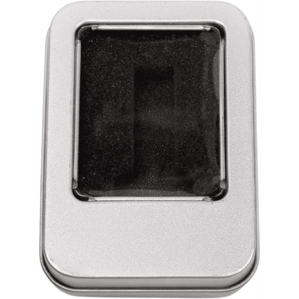 A rectangular silver tin gift box with a clear window and a black interior. It features a logo.