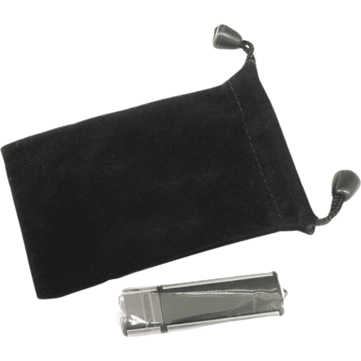 A black velvet pouch with a drawstring, alongside a silver USB drive. The pouch features a small logo.