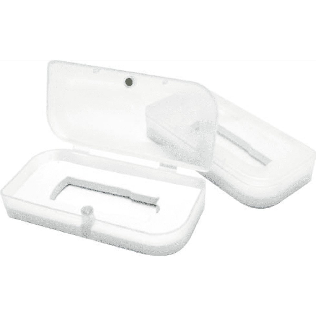 A clear plastic case with a magnetic closure, designed for holding flash drives.