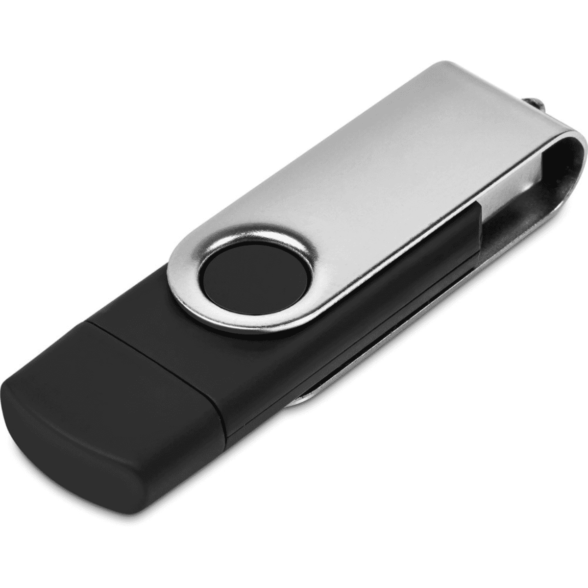 A black and silver swivel flash drive with a metal clip for easy attachment. It features a sleek, compact design.