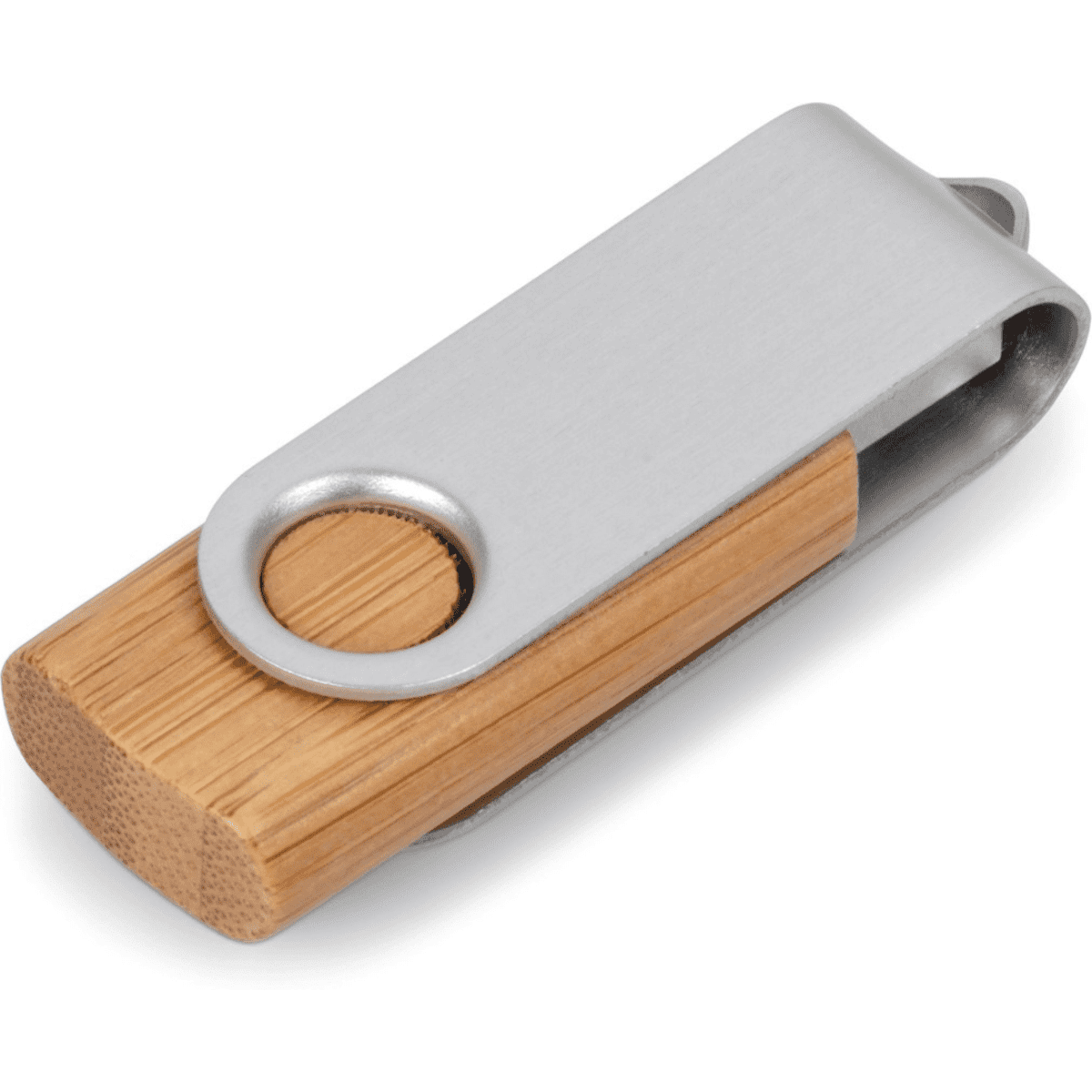 A wooden swivel drive featuring a bamboo body and a silver metal clip, designed for storing data.