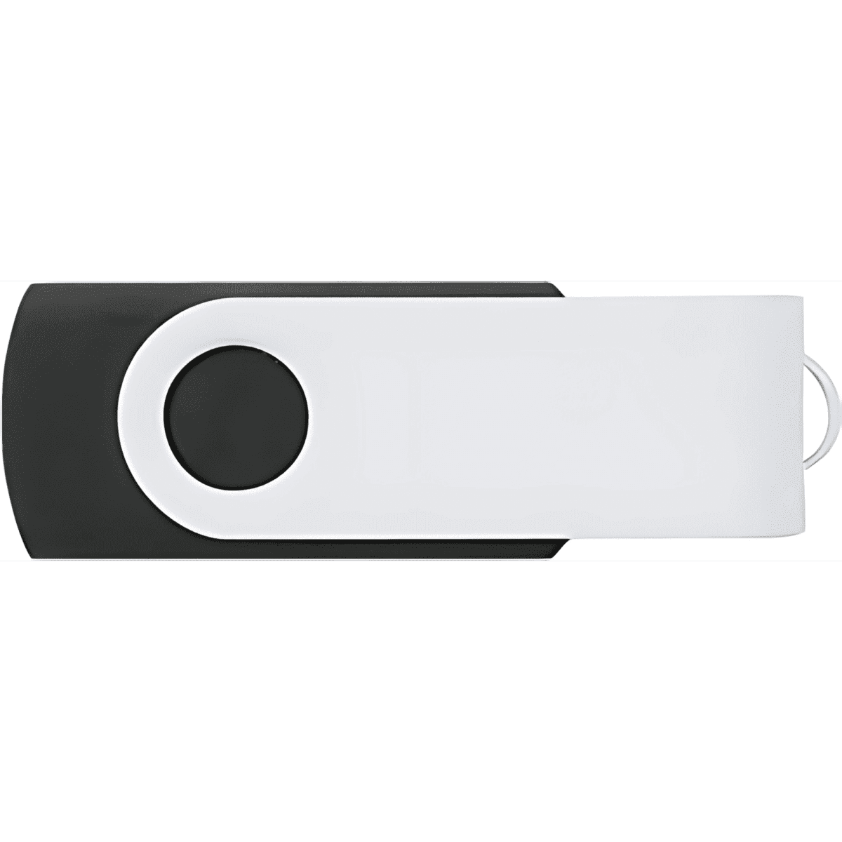 A black and white USB flash drive featuring a swivel design, with a circular button on its side.