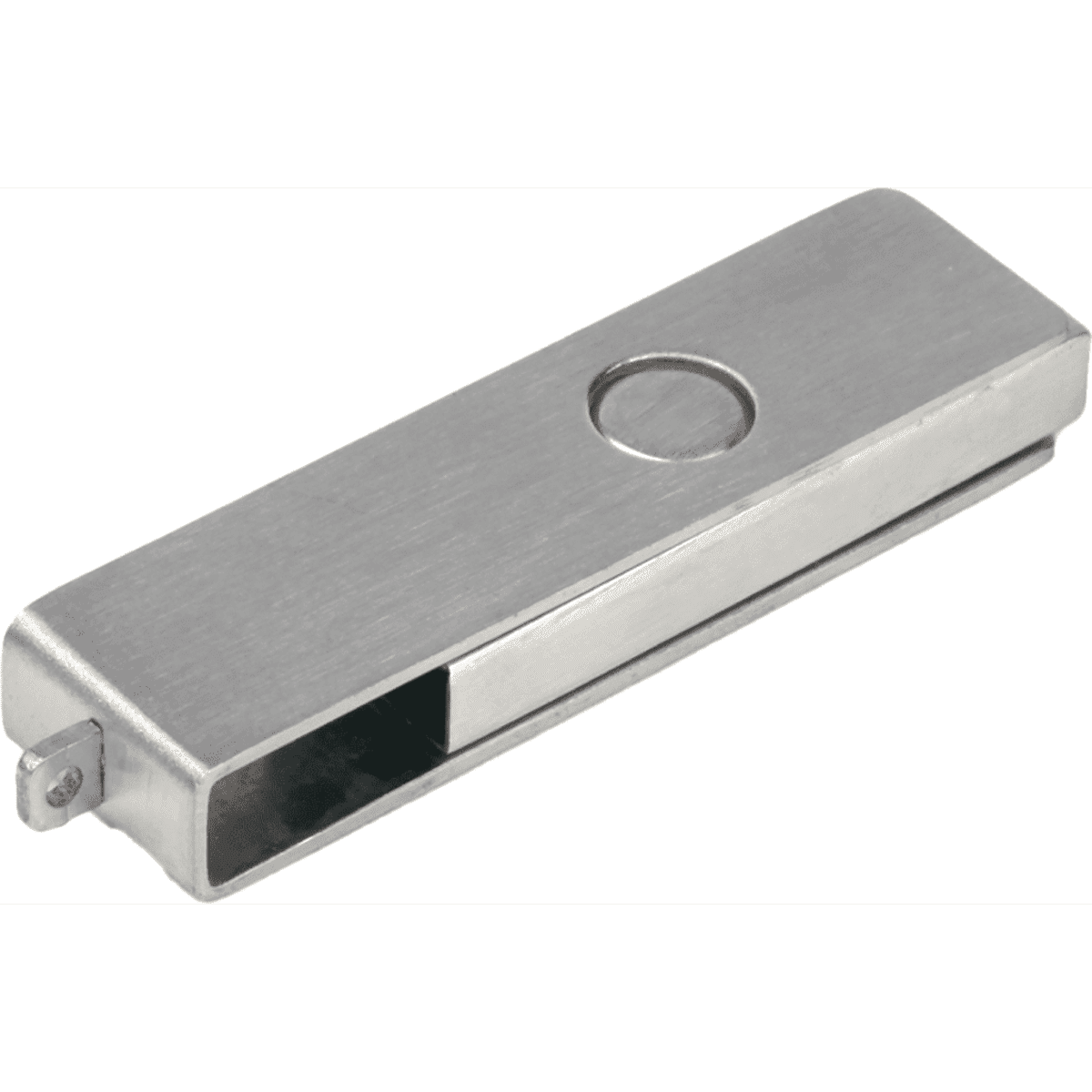 A silver metal swivel drive flash drive with a sleek design and a branding logo on one side.